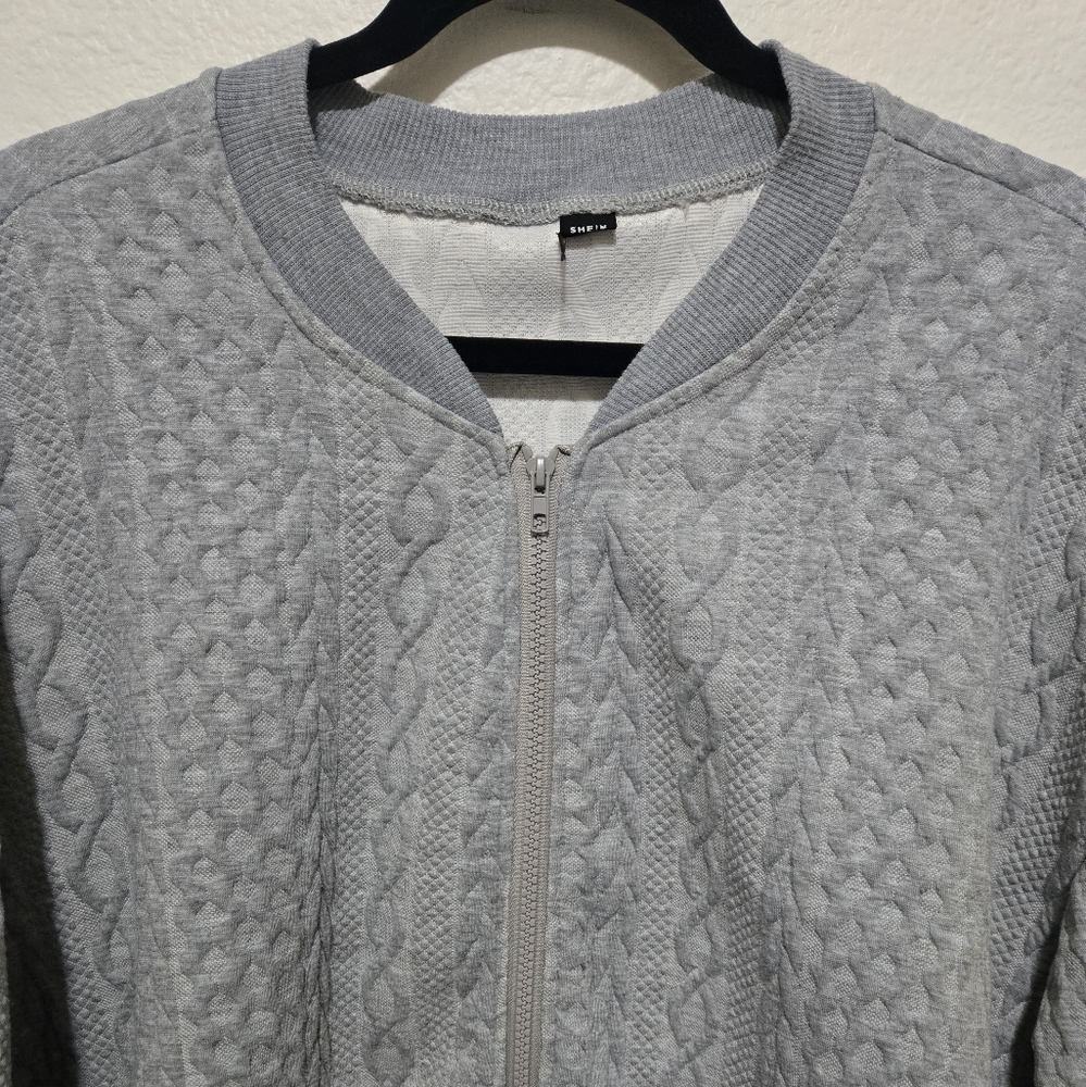 Cozy Gray Textured Zip-Up Sweater Bomber Jacket Size XXL - Picture 2 of 14